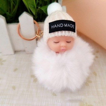 2018 Cute Sleeping Baby Doll Keychain Faux Pompom Rabbit Fur Ball plush KeyChain Keyring Women Key Holder Bag Pendant toy049