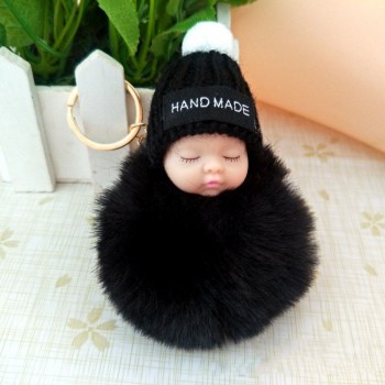 2018 Cute Sleeping Baby Doll Keychain Faux Pompom Rabbit Fur Ball plush KeyChain Keyring Women Key Holder Bag Pendant toy049