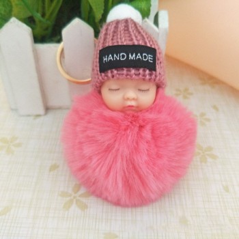 2018 Cute Sleeping Baby Doll Keychain Faux Pompom Rabbit Fur Ball plush KeyChain Keyring Women Key Holder Bag Pendant toy049