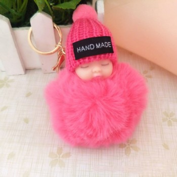 2018 Cute Sleeping Baby Doll Keychain Faux Pompom Rabbit Fur Ball plush KeyChain Keyring Women Key Holder Bag Pendant toy049