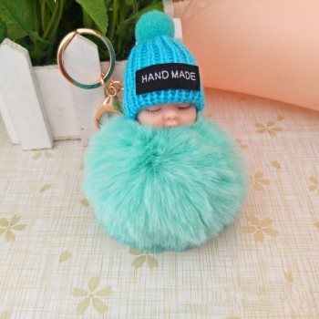 2018 Cute Sleeping Baby Doll Keychain Faux Pompom Rabbit Fur Ball plush KeyChain Keyring Women Key Holder Bag Pendant toy049