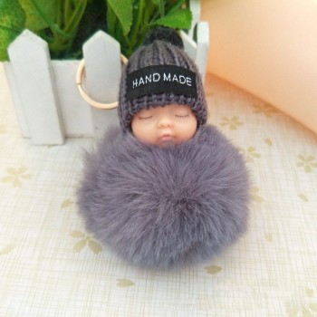 2018 Cute Sleeping Baby Doll Keychain Faux Pompom Rabbit Fur Ball plush KeyChain Keyring Women Key Holder Bag Pendant toy049