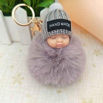 2018 Cute Sleeping Baby Doll Keychain Faux Pompom Rabbit Fur Ball plush KeyChain Keyring Women Key Holder Bag Pendant toy049