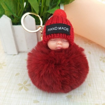 2018 Cute Sleeping Baby Doll Keychain Faux Pompom Rabbit Fur Ball plush KeyChain Keyring Women Key Holder Bag Pendant toy049