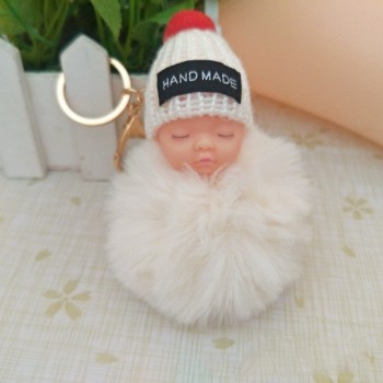 2018 Cute Sleeping Baby Doll Keychain Faux Pompom Rabbit Fur Ball plush KeyChain Keyring Women Key Holder Bag Pendant toy049