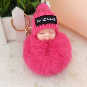 2018 Cute Sleeping Baby Doll Keychain Faux Pompom Rabbit Fur Ball plush KeyChain Keyring Women Key Holder Bag Pendant toy049
