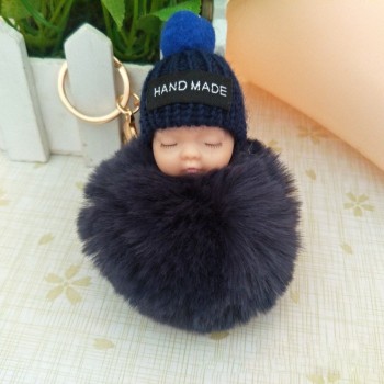 2018 Cute Sleeping Baby Doll Keychain Faux Pompom Rabbit Fur Ball plush KeyChain Keyring Women Key Holder Bag Pendant toy049