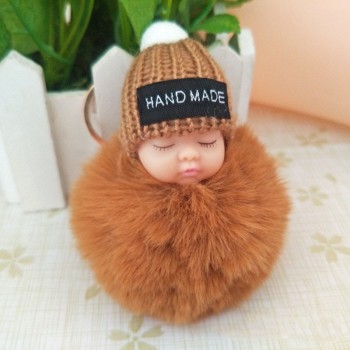 2018 Cute Sleeping Baby Doll Keychain Faux Pompom Rabbit Fur Ball plush KeyChain Keyring Women Key Holder Bag Pendant toy049
