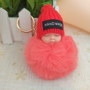 2018 Cute Sleeping Baby Doll Keychain Faux Pompom Rabbit Fur Ball plush KeyChain Keyring Women Key Holder Bag Pendant toy049