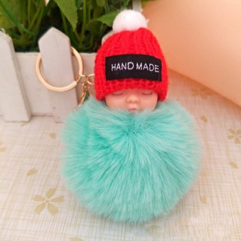 2018 Cute Sleeping Baby Doll Keychain Faux Pompom Rabbit Fur Ball plush KeyChain Keyring Women Key Holder Bag Pendant toy049