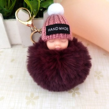 2018 Cute Sleeping Baby Doll Keychain Faux Pompom Rabbit Fur Ball plush KeyChain Keyring Women Key Holder Bag Pendant toy049