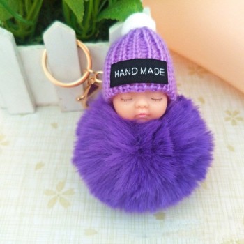 2018 Cute Sleeping Baby Doll Keychain Faux Pompom Rabbit Fur Ball plush KeyChain Keyring Women Key Holder Bag Pendant toy049