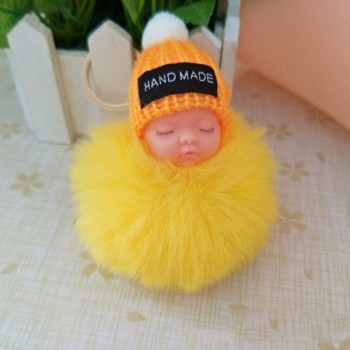 2018 Cute Sleeping Baby Doll Keychain Faux Pompom Rabbit Fur Ball plush KeyChain Keyring Women Key Holder Bag Pendant toy049
