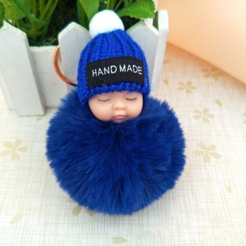 2018 Cute Sleeping Baby Doll Keychain Faux Pompom Rabbit Fur Ball plush KeyChain Keyring Women Key Holder Bag Pendant toy049