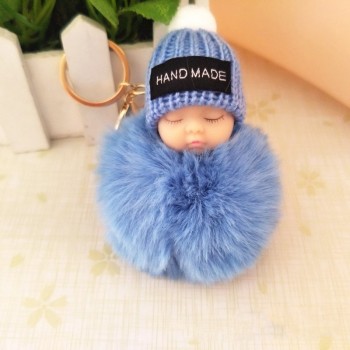 2018 Cute Sleeping Baby Doll Keychain Faux Pompom Rabbit Fur Ball plush KeyChain Keyring Women Key Holder Bag Pendant toy049