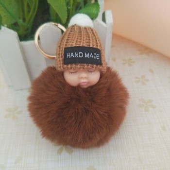 2018 Cute Sleeping Baby Doll Keychain Faux Pompom Rabbit Fur Ball plush KeyChain Keyring Women Key Holder Bag Pendant toy049