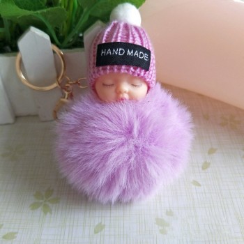 2018 Cute Sleeping Baby Doll Keychain Faux Pompom Rabbit Fur Ball plush KeyChain Keyring Women Key Holder Bag Pendant toy049