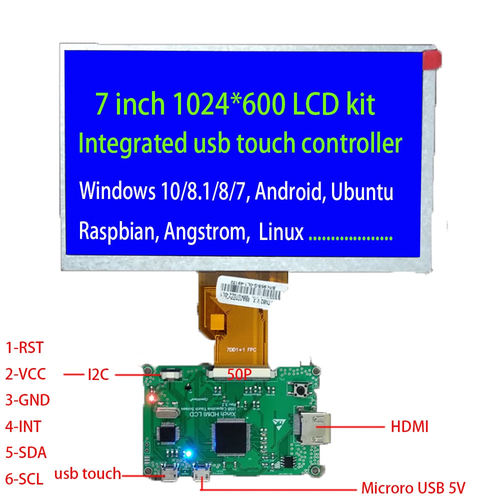 7inch HDMI  lcd Kit Driver Board  Integrated USB Touch Controller DC5V 1024*600 Support WIN7 8 10 Linux Raspberry Pi  Ubuntu