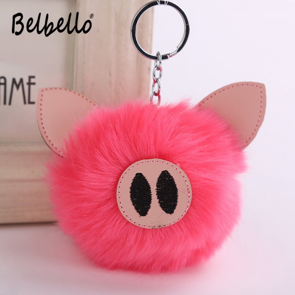 Cute 2019 Charm Pompom Pig Plush Keychain Pendant Women Piglets Key Chain Rings Fluffy Faux Rabbit Fur Ball Pendant