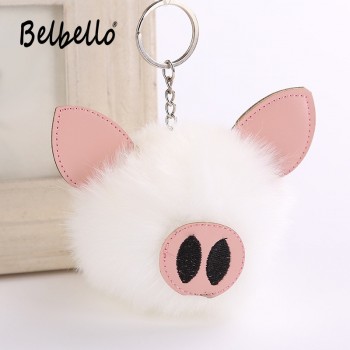 Cute 2019 Charm Pompom Pig Plush Keychain Pendant Women Piglets Key Chain Rings Fluffy Faux Rabbit Fur Ball Pendant