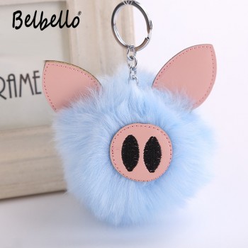 Cute 2019 Charm Pompom Pig Plush Keychain Pendant Women Piglets Key Chain Rings Fluffy Faux Rabbit Fur Ball Pendant