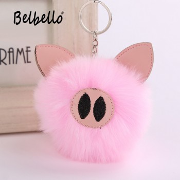 Cute 2019 Charm Pompom Pig Plush Keychain Pendant Women Piglets Key Chain Rings Fluffy Faux Rabbit Fur Ball Pendant