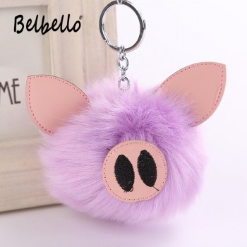 Cute 2019 Charm Pompom Pig Plush Keychain Pendant Women Piglets Key Chain Rings Fluffy Faux Rabbit Fur Ball Pendant