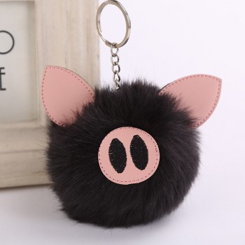 Cute 2019 Charm Pompom Pig Plush Keychain Pendant Women Piglets Key Chain Rings Fluffy Faux Rabbit Fur Ball Pendant