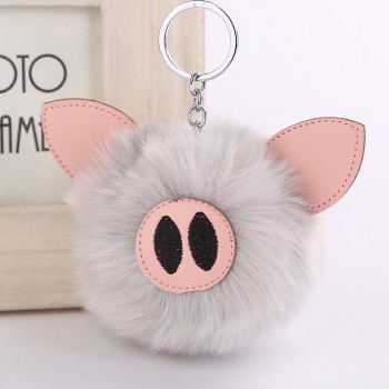Cute 2019 Charm Pompom Pig Plush Keychain Pendant Women Piglets Key Chain Rings Fluffy Faux Rabbit Fur Ball Pendant