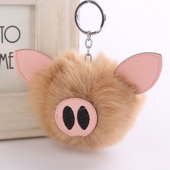 Cute 2019 Charm Pompom Pig Plush Keychain Pendant Women Piglets Key Chain Rings Fluffy Faux Rabbit Fur Ball Pendant