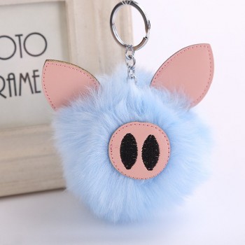 Cute 2019 Charm Pompom Pig Plush Keychain Pendant Women Piglets Key Chain Rings Fluffy Faux Rabbit Fur Ball Pendant
