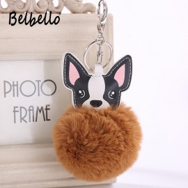 Faux Rabbit Fur Ball Dog plush Keychains Fluffy Leather Key Handbag Purse Plush Car Holder Charms Pendent Keyring Porte Clef