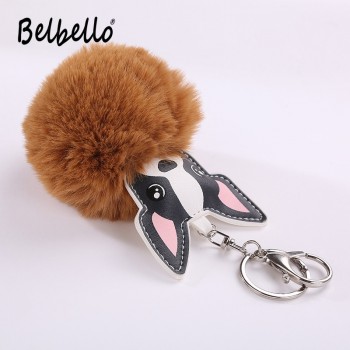 Faux Rabbit Fur Ball Dog plush Keychains Fluffy Leather Key Handbag Purse Plush Car Holder Charms Pendent Keyring Porte Clef