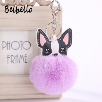 Faux Rabbit Fur Ball Dog plush Keychains Fluffy Leather Key Handbag Purse Plush Car Holder Charms Pendent Keyring Porte Clef