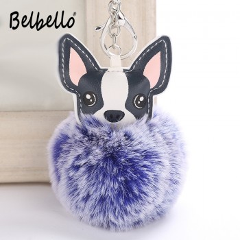 Faux Rabbit Fur Ball Dog plush Keychains Fluffy Leather Key Handbag Purse Plush Car Holder Charms Pendent Keyring Porte Clef