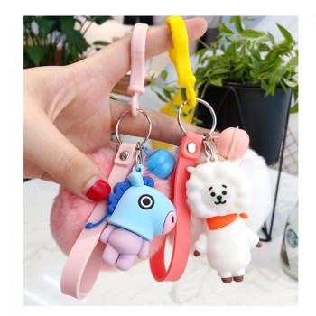 BaoChenYi  BT21 Cute Fur Ball Plush Keychain Tata Chimmy Handbag Charm Pendant Key Holder Chain Accessory For Kid YLM9634