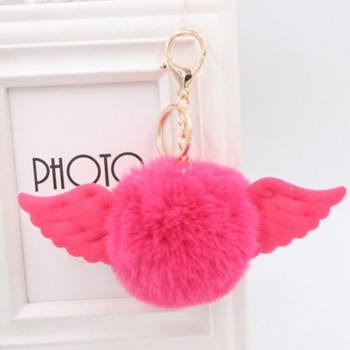 Cute Girl Toy Angel wings hair ball keychain Plush Rex Rabbit Hair Ball Fashion Adult Bag Decoration Pendant Angel Car Keychain