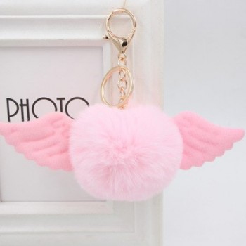 Cute Girl Toy Angel wings hair ball keychain Plush Rex Rabbit Hair Ball Fashion Adult Bag Decoration Pendant Angel Car Keychain