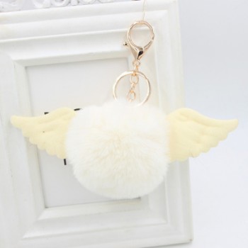 Cute Girl Toy Angel wings hair ball keychain Plush Rex Rabbit Hair Ball Fashion Adult Bag Decoration Pendant Angel Car Keychain