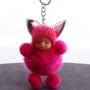Mini Plush Kawaii Sleeping doll Fur keychain Soft Toys Cute Kids Plush Dolls pompom fluffy Car Key Holder Charm Baby Girls gift