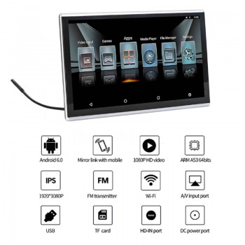 11.6 inch 2pcs Car android headrest monitor with bluetooth aux fm transmitter car bluetooth support HDMI Aux out/ in USB SD Card