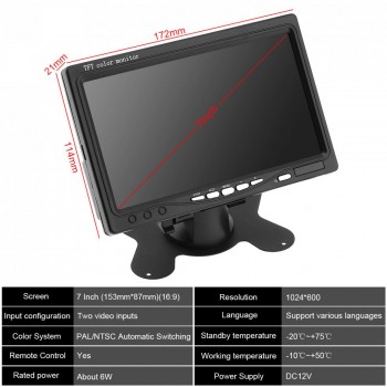 7 Inch 1024x600 12V HD TFT LCD Car VGA Home Monitor Bright Color VGA Interface AV Auto Video Player PAL / NTSC / SCAME
