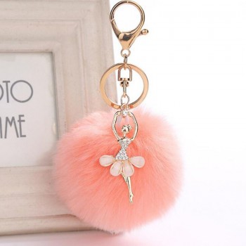 Cute Girl Toy Rhinestone Ballerina Girl Plush Rex Rabbit Hair Ball Fashion Adult Bag Decoration Pendant Angel Car Keychain