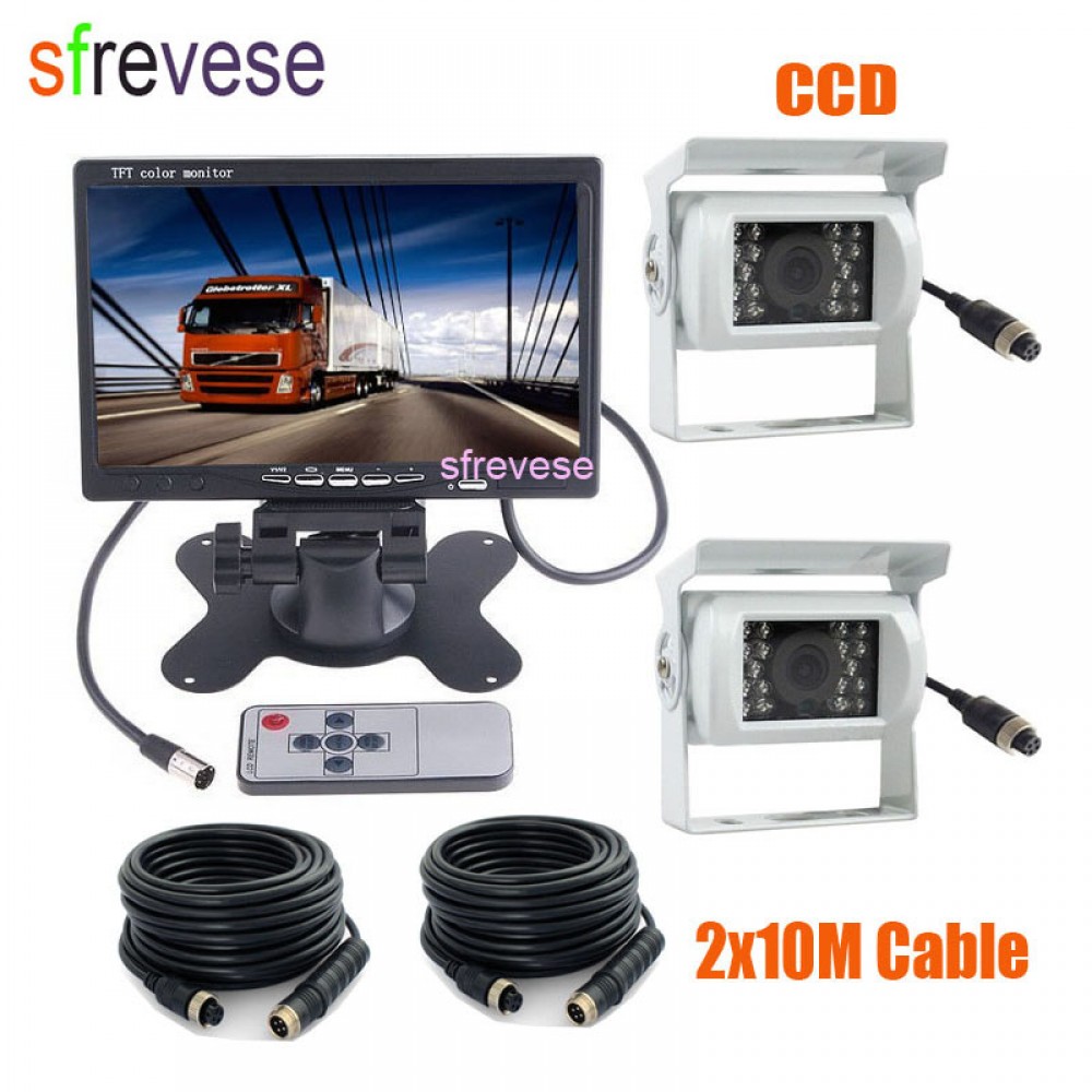 7 LCD Monitor Car Caravan Rear View Kit + 2 x 4Pin 18 IR Night Vision CCD Reversing Backup Camera Waterproof For Bus Truck