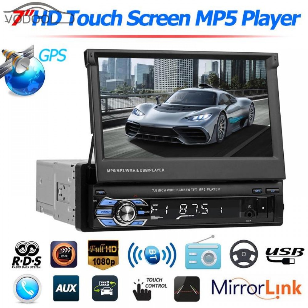 VODOOL Foldable 7 Touch Screen Car Stereo MP5 Player 1080P HD GPS Navigation Bluetooth Video Audio RDS AM FM Radio Media Player