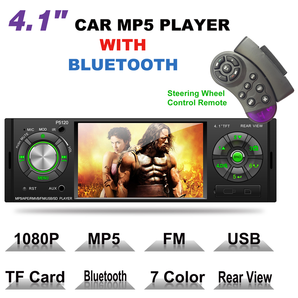 4.1 1 Din Car MP5 Player Audio Stereo Bluetooth USB AUX-IN FM Radio OLED Car Radio with Remote Control Support Rear View Camera