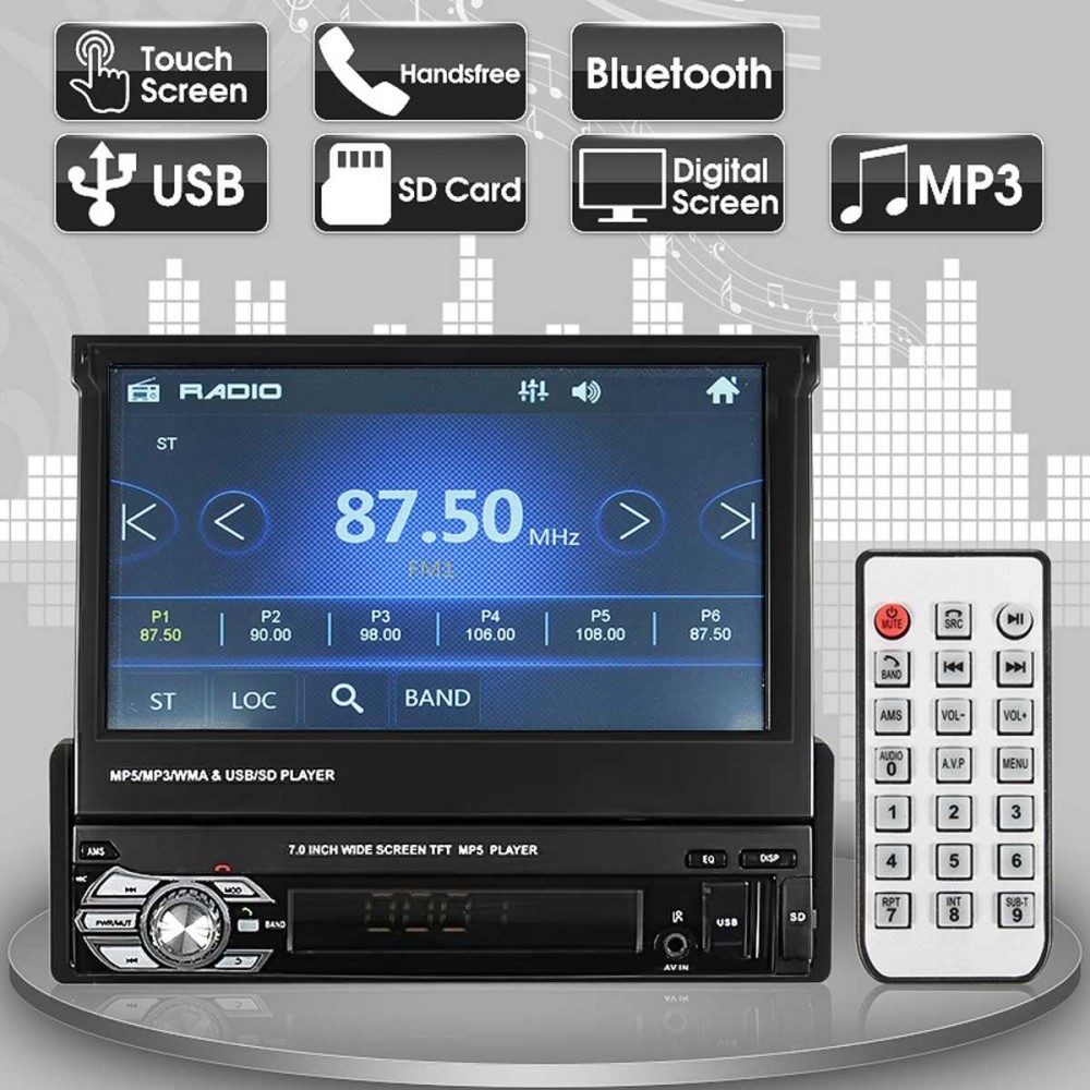 7 Inch Car Stereo Audio MP5 MP4 MP3 DVD Player Bluetooth AUX FM Radio Retractable with Remote control