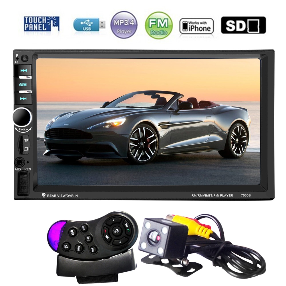 7 Inch HD Touch Screen 2 Din Bluetooth Auto Car Audio Stereo FM MP5 Player Support AUX USB TF Phone + Reverse Rearview Camera
