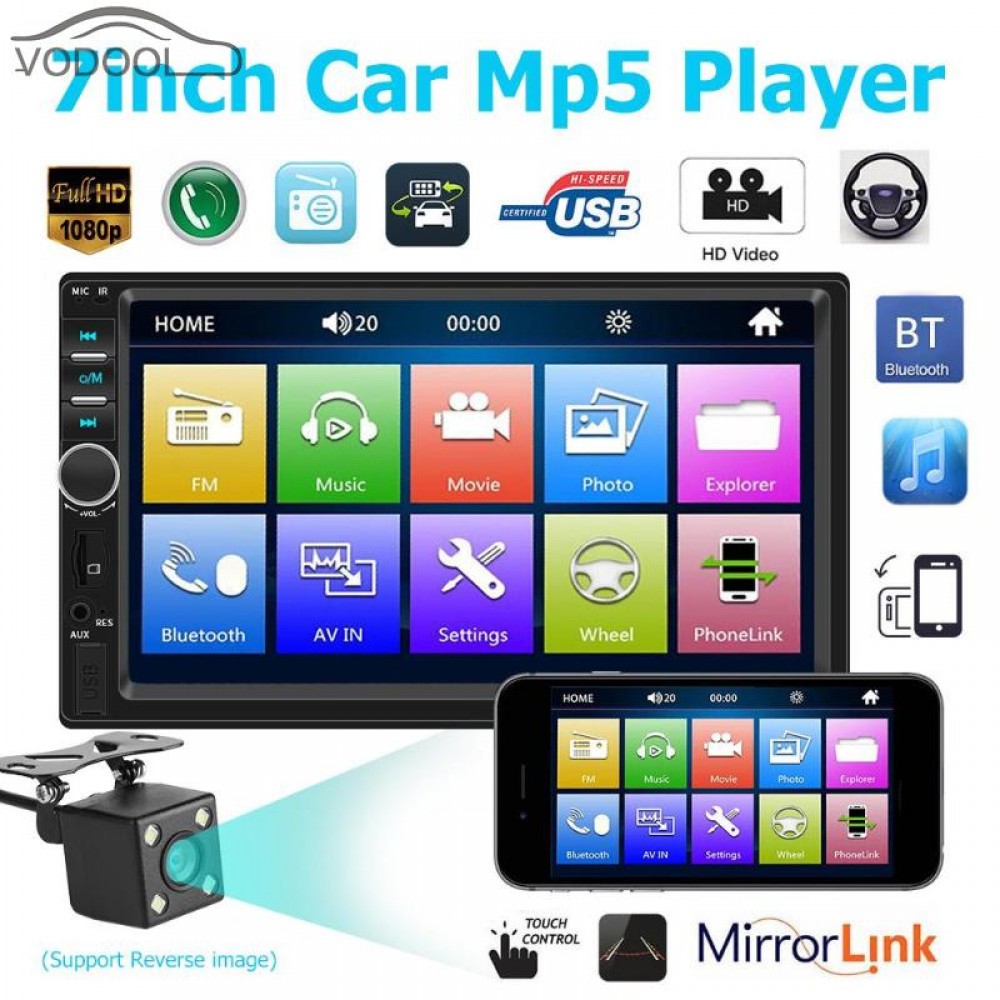 7018B 7 2Din Car MP5 Player Auto Radio Player w/ Rear View Camera Magnetic Phone Holder Support Mirror Link for iPhone Android