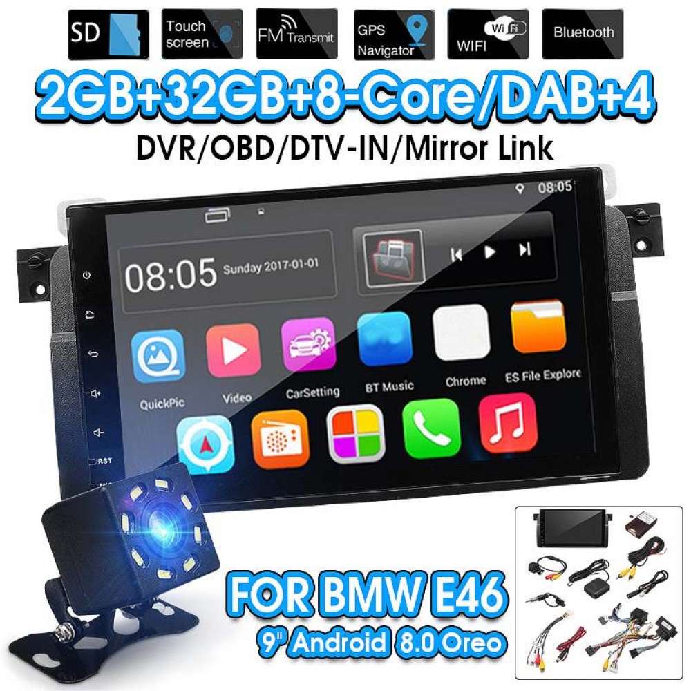 9 Inch Android 8.0 Car Stereo GPS Sat Radio 2GB + 32GB Auto Multimedia Navi OBD DAB WiFi for BMW E46 M3 Rover 75 for MG ZT